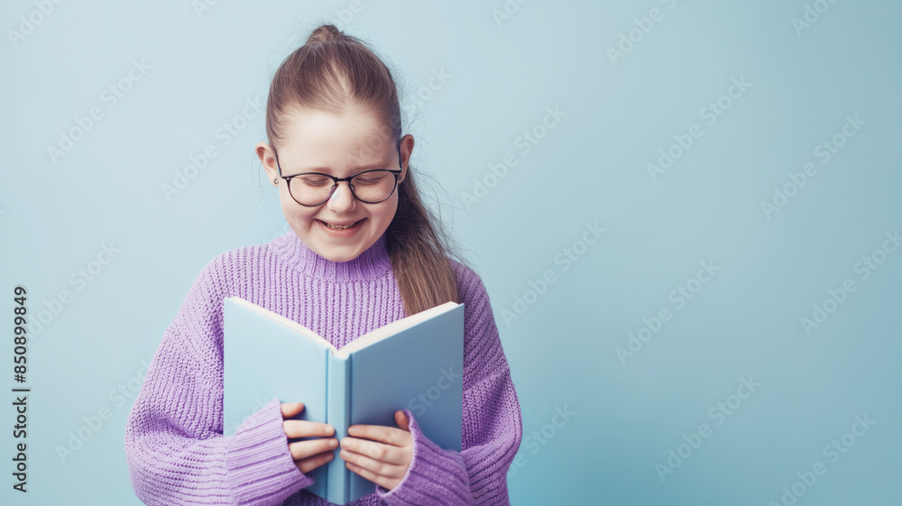Smiling young girl reading a book against blue background. Happy child enjoying literature and learning Smiling young girl reading a book against blue background. Happy child enjoying literature and learning