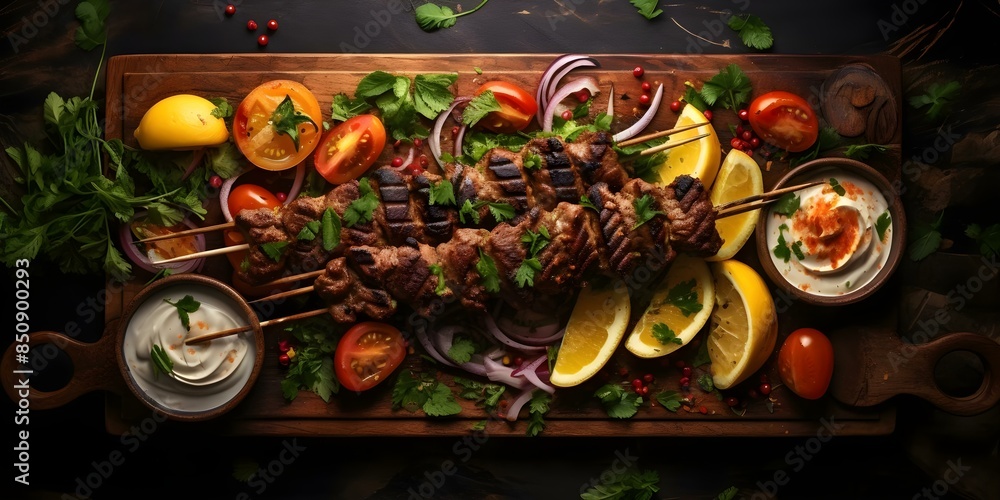 Traditional Arabic Grilled Dishes and Kebabs A Menu with a Variety of Options. Concept Arabic Grilled Dishes, Kebabs, Menu Options, Variety of Flavors Traditional Arabic Grilled Dishes and Kebabs A Menu with a Variety of Options. Concept Arabic Grilled Dishes, Kebabs, Menu Options, Variety of Flavors