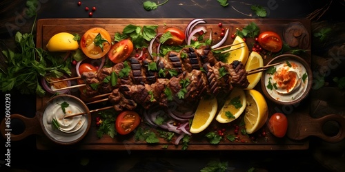 Traditional Arabic Grilled Dishes and Kebabs A Menu with a Variety of Options. Concept Arabic Grilled Dishes, Kebabs, Menu Options, Variety of Flavors