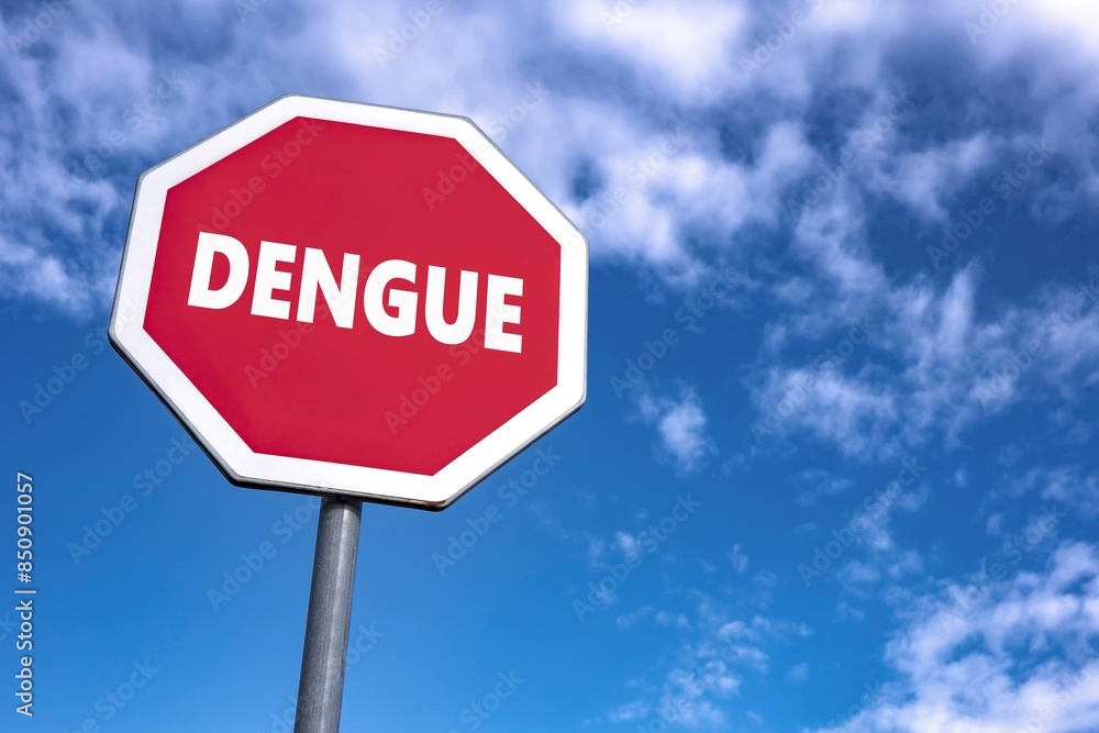 Stop traffic sign with text DENGUE to prevent this fever in Europe Stop traffic sign with text DENGUE to prevent this fever in Europe