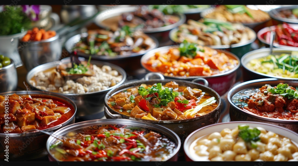 Mixed Chinese Dishes in Bowls at Buffet Mixed Chinese Dishes in Bowls at Buffet