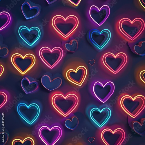 Neon elegant heart. A glowing banner with shiny hearts for Valentine's Day as a template for greeting cards, invitations, and advertisements. Festive background.