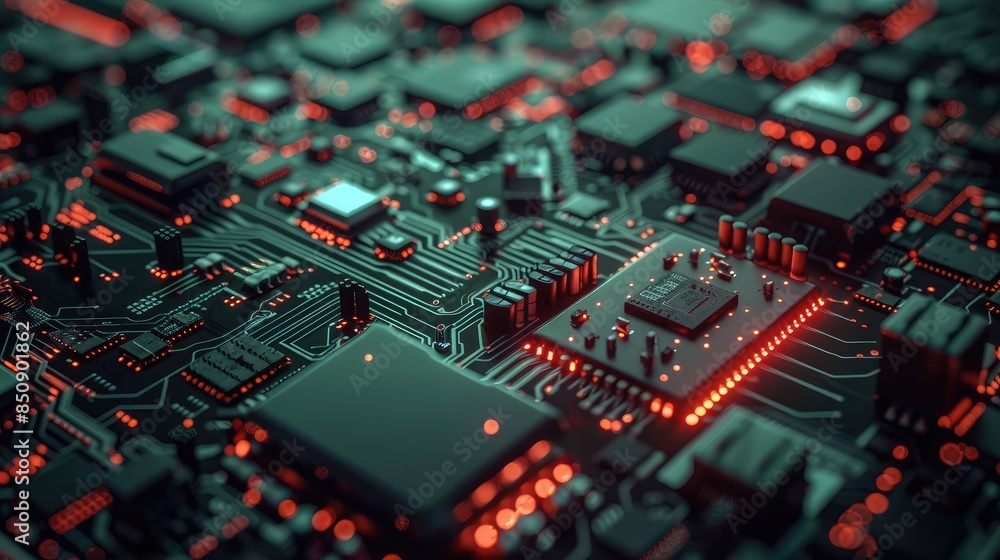 High-Tech Circuit Board with Glowing Red Lights High-Tech Circuit Board with Glowing Red Lights