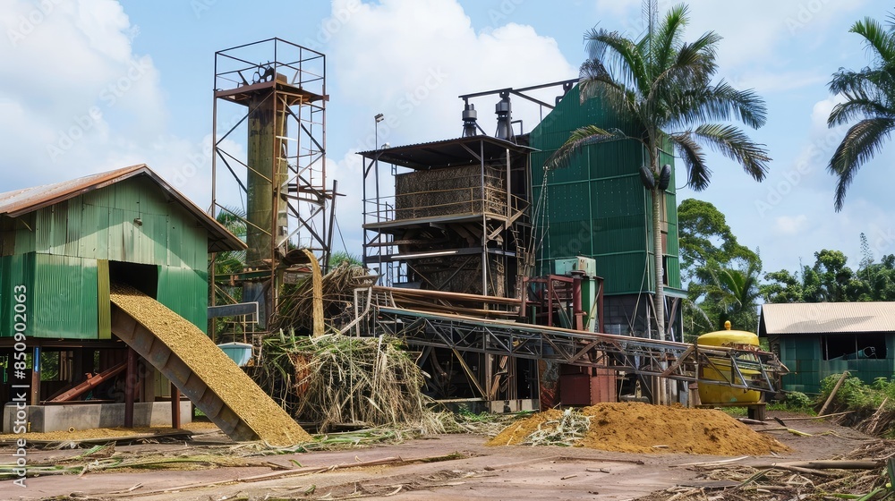 Fototapeta premium Sugar Cane Processing Plant Amidst Greenery