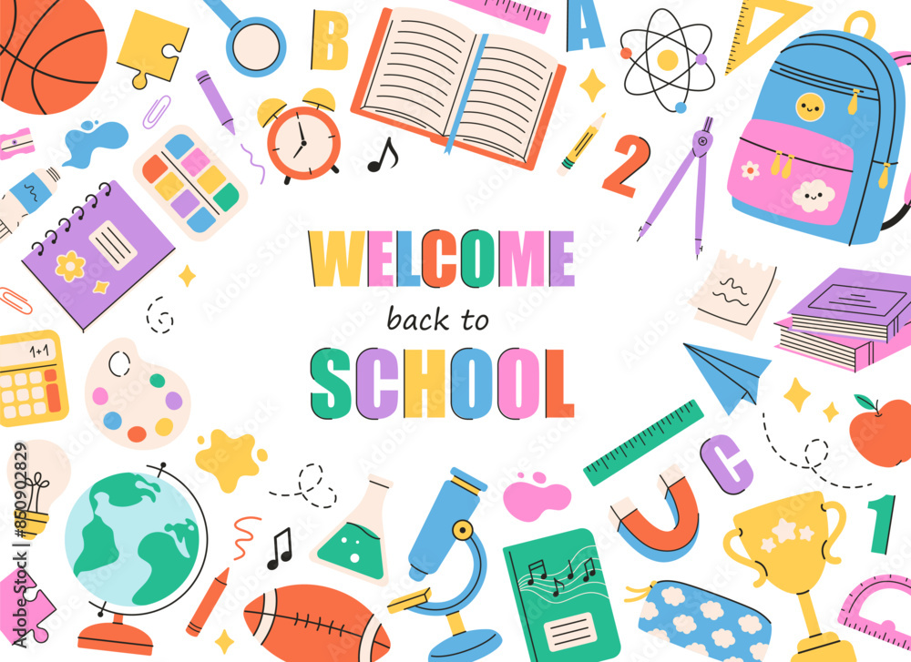 Back to school greeting card with school supplies. Vector illustration in flat style Back to school greeting card with school supplies. Vector illustration in flat style