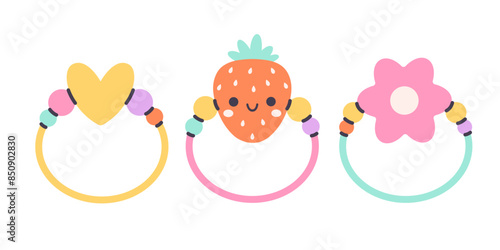 Kids rings set. Colorful handmade rings. Vector illustration in flat style