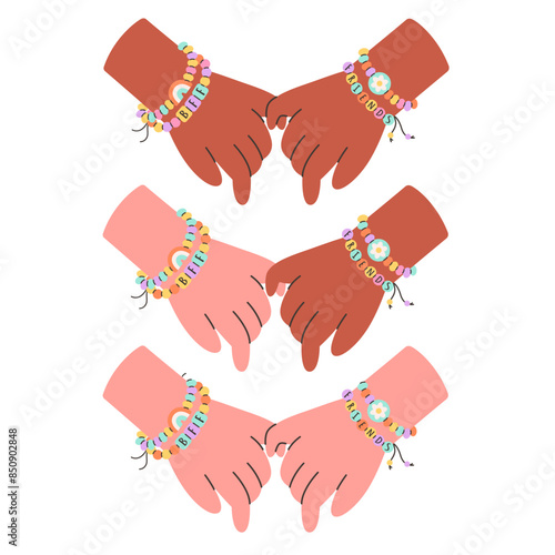 Kids holding by hands and wearing handmade friendship bracelets with plastic beads. Vector illustration in flat style