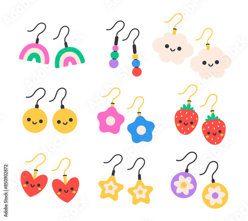 Kids earrings set. Colorful handmade earrings. Vector illustration in flat style