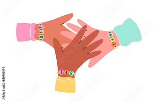 Kids wearing handmade friendship bracelets with plastic beads. Happy Friendship Day greeting card. Vector illustration in flat style