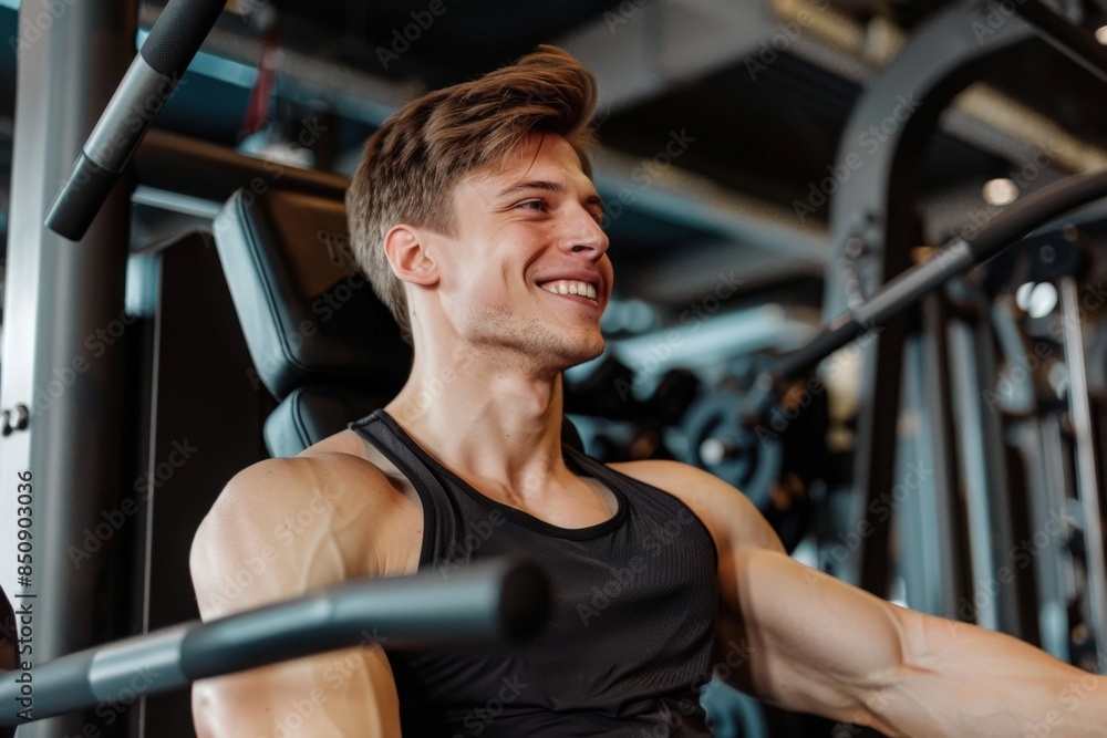 A young man with muscular arms smiles while working out on a weight machine in a gym. A young man with muscular arms smiles while working out on a weight machine in a gym.