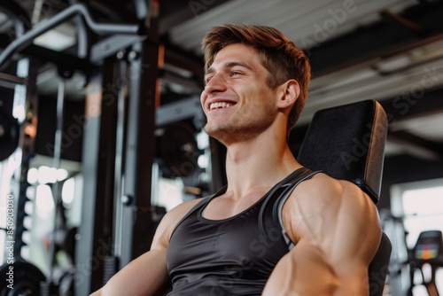 A muscular young man, wearing a black tank top, sits on a weight machine at the gym and smiles while looking up.