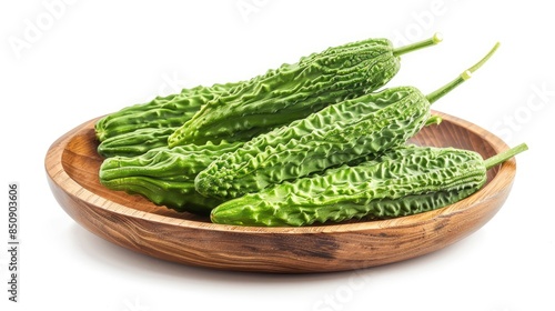 Green bitter cucumber or Chinese bitter melon on a wooden plate against a white background photo