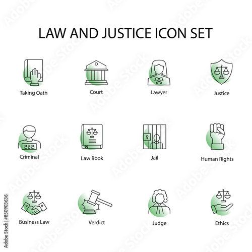 Law and Justice Icons: Lawyer, Court, Taking Oath, Judge, Law Book, Jail, Human Rights, Business Law, Criminal, Verdict, Ethics with editable stroke. 