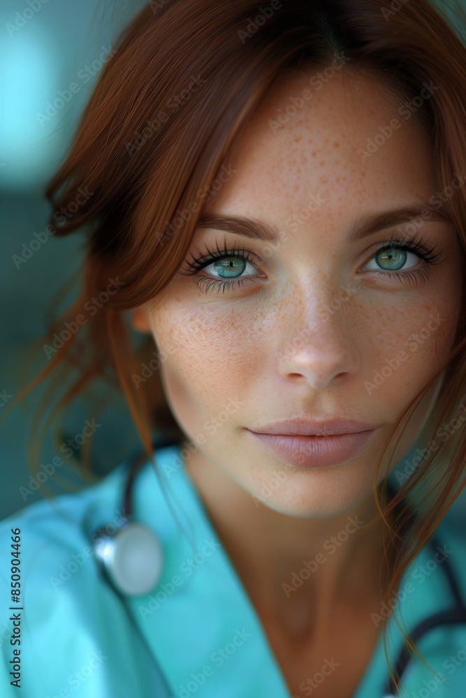 Close-Up of a Redheaded Nurse with Freckles and Green Eyes Close-Up of a Redheaded Nurse with Freckles and Green Eyes