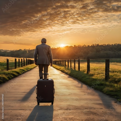 Lonely man walking away into the sunset with his suitc photo