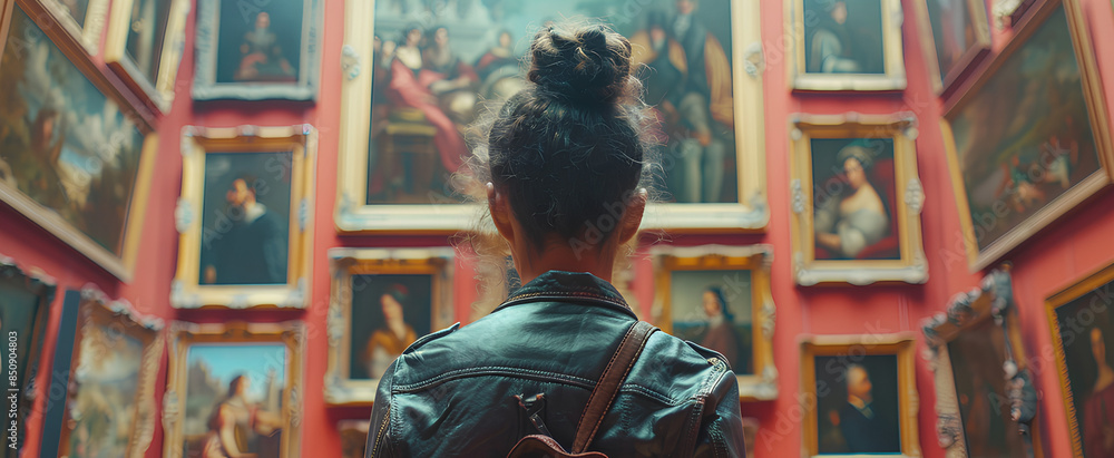 portrait of an adult woman looking at museum paintings in an old museum art gallery portrait of an adult woman looking at museum paintings in an old museum art gallery