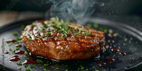 Savory BBQ steak with zesty sauce on a dark moody background. Concept Food Photography, BBQ Steak, Zesty Sauce, Dark Moody Background photo