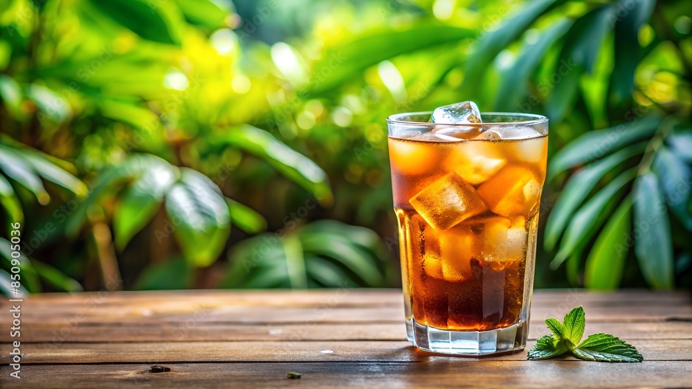 Refreshing drink, iced tea with ice in glass on a wooden table on a green concrete background. Summer drinks. Soft drinks Refreshing drink, iced tea with ice in glass on a wooden table on a green concrete background. Summer drinks. Soft drinks