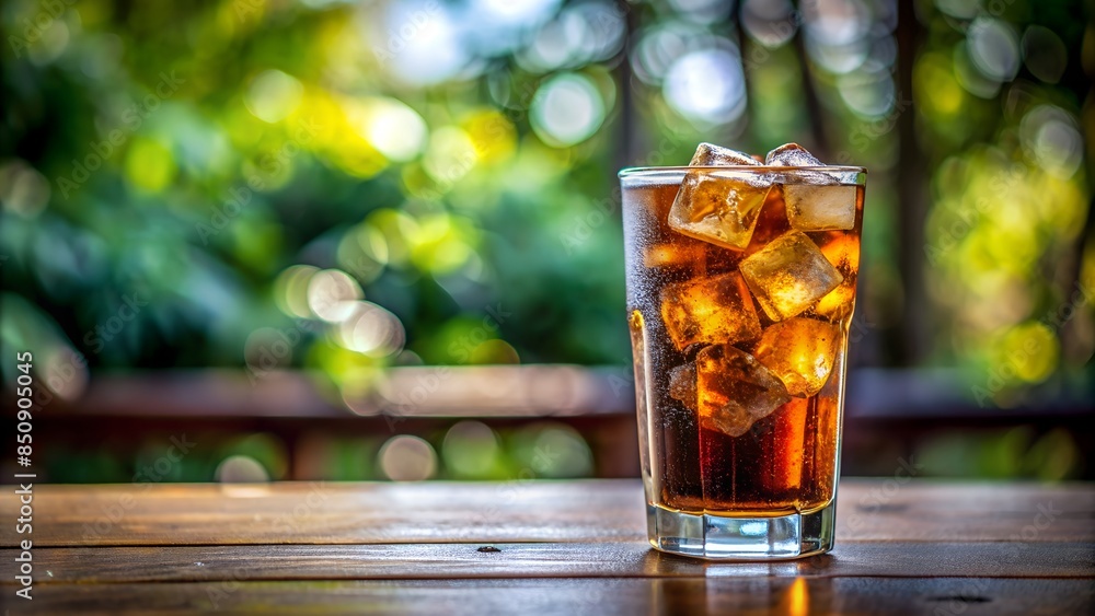 Refreshing drink, iced tea with ice in glass on a wooden table on a green concrete background. Summer drinks. Soft drinks Refreshing drink, iced tea with ice in glass on a wooden table on a green concrete background. Summer drinks. Soft drinks