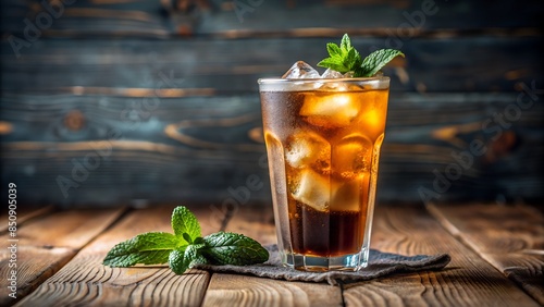 Refreshing drink, iced tea with ice in glass on a wooden table on a green concrete background. Summer drinks. Soft drinks