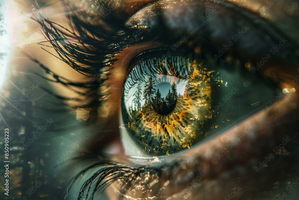 Closeup of an eye with a vivid reflection of trees, symbolizing a deep connection with nature Closeup of an eye with a vivid reflection of trees, symbolizing a deep connection with nature