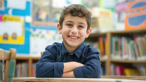 Smiling Young Jewish Schoolboy in Classroom Setting for Education and Cultural Diversity Themed Designs