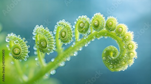 A high-quality widescreen image of a bright green fern frond unfurling, covered with glistening dew drops. The style is realistic and vibrant, highlighting the freshness of nature photo