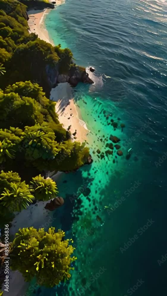 This is an aerial view of a tropical beach with white sand and palm ...