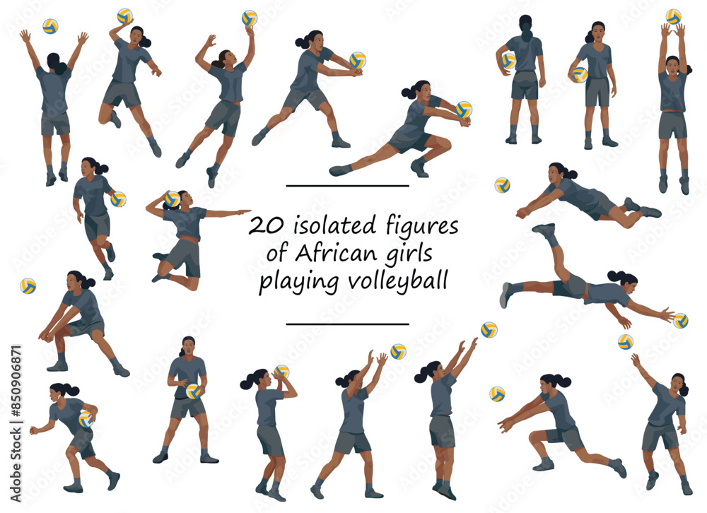Black African women's volleyball girl players in black sports equipment training, running, jumping, throwing, hitting the ball Black African women's volleyball girl players in black sports equipment training, running, jumping, throwing, hitting the ball