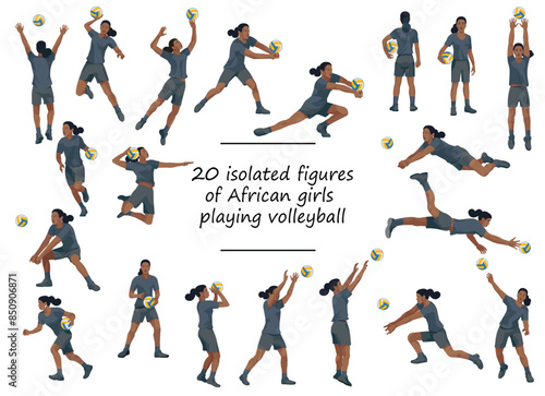 Black African women's volleyball girl players in black sports equipment training, running, jumping, throwing, hitting the ball