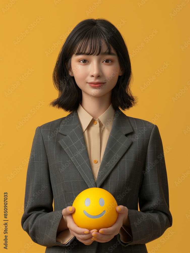 minimalist futurism a Asian women character depicted with a smiling emoji. minimalist futurism a Asian women character depicted with a smiling emoji.