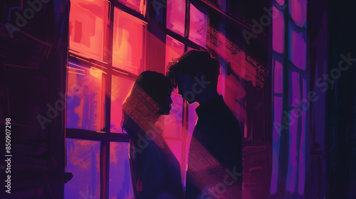 Illustration of a couple falling in love near a window with the city reflecting in the glass