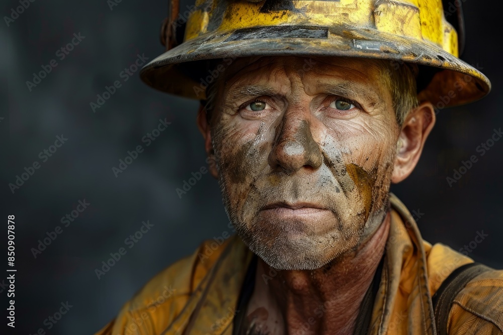 Closeup of a mature miner with a dirtsmudged face wearing a hard hat Closeup of a mature miner with a dirtsmudged face wearing a hard hat