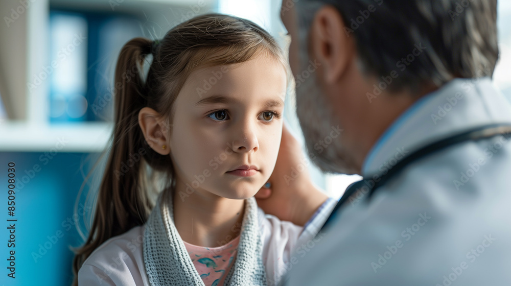Pediatrician doctor is examining a serious little girl in the clinic Pediatrician doctor is examining a serious little girl in the clinic
