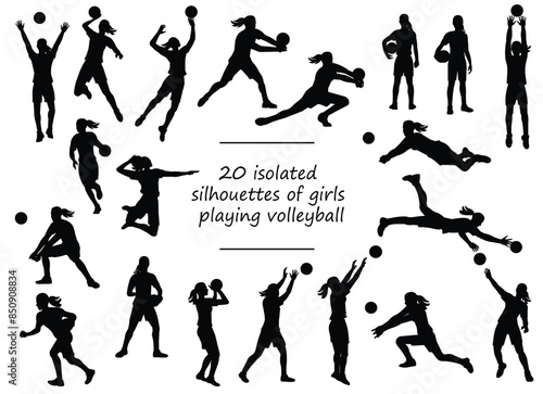 Black silhouettes of women's volleyball girl players training, running, jumping, throwing, hitting, catching the ball