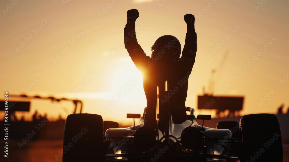 Obraz premium Racer triumphantly cheering on track during sunset