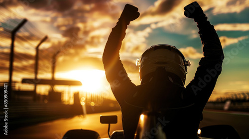 Race car driver raises fists in a winning pose