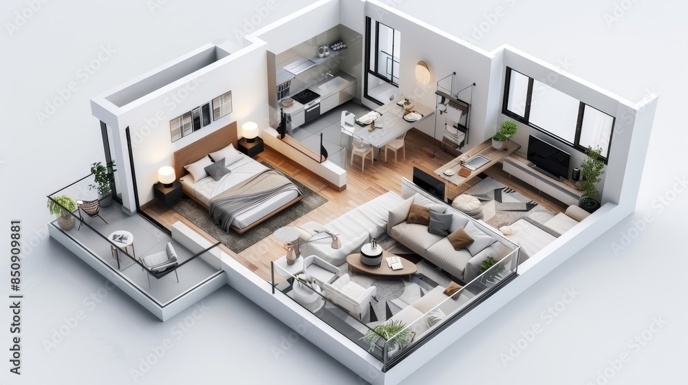 A white room with a bed, a couch, and a table A white room with a bed, a couch, and a table