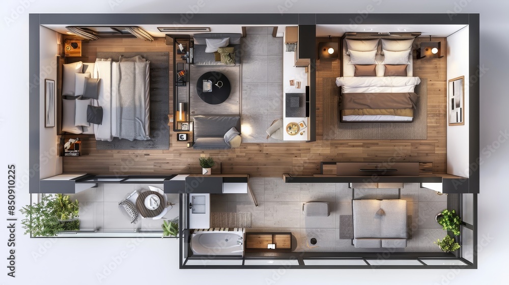 A small apartment with a living room, kitchen, and two bedrooms A small apartment with a living room, kitchen, and two bedrooms