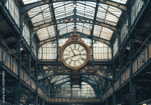 A large clock hanging from the ceiling of an old train station, with steel beams and glass roof panels in view. The frame is made up