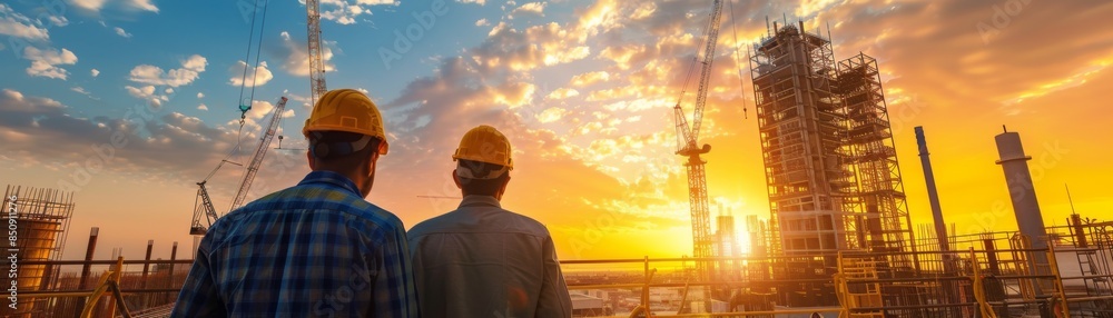 Engineers and construction workers collaborate on a skyscraper construction project in Neom, Saudi Arabia Engineers and construction workers collaborate on a skyscraper construction project in Neom, Saudi Arabia