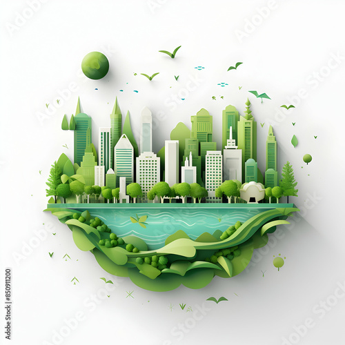 World Environment Day, Save the Planet concept. Earth Day. Floating green city with building concept, Eco friendly environment