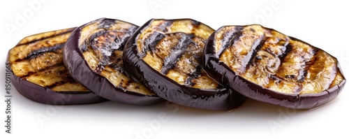 Delicious grilled eggplant slices isolated on white background