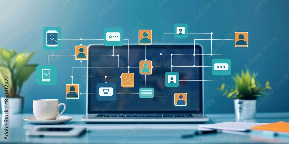 Laptop and coffee on desk in home office with social network icons. Laptop and coffee on desk in home office with social network icons.