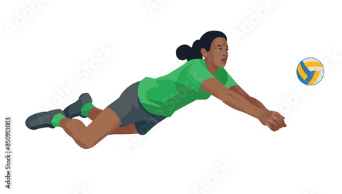 Vector isolated female figure of a South African girl volleyball player hitting a ball in a fall on a white background