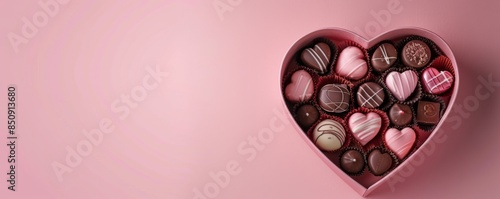 Pink heart shaped box overflowing with chocolates for valentine's day