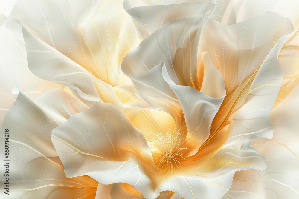 Obraz premium Ethereal Elegance: Mesmerizing Close-Up of Delicate White and Yellow Petals Resembling Silky Fabric with Intricate Veins and Radiant Center