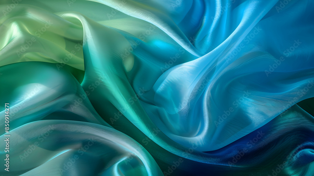 A semi transparent silk fabric of blue and green color. Abstract background A semi transparent silk fabric of blue and green color. Abstract background