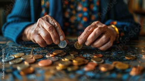 An elderly woman is holding a handful of coins on a table. The coins are of various sizes and colors, including silver, gold, and bronze. Concept of nostalgia and the value of money over time