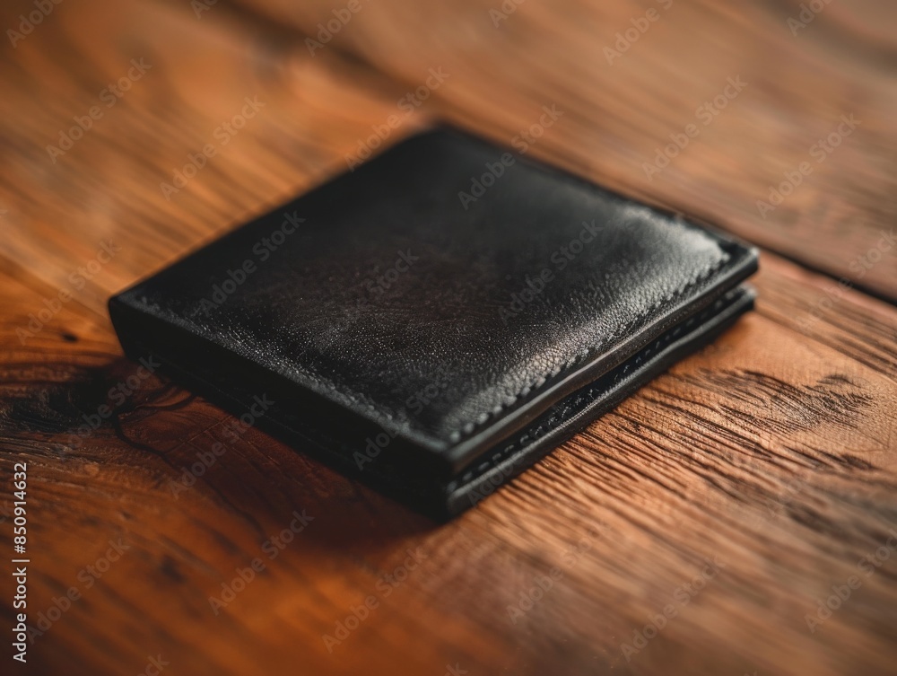 Black Leather Wallet on Rustic Wooden Table